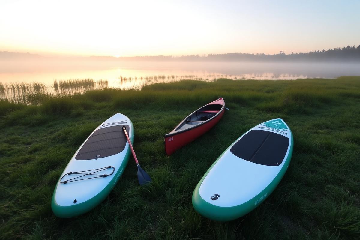 Canoe and paddleboards on the lake shore at sunrise